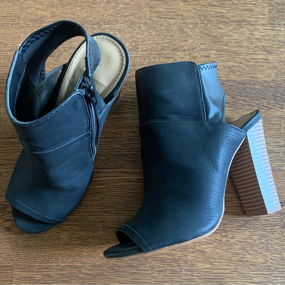 Black Peep-Toe Block Heel Ankle Boots